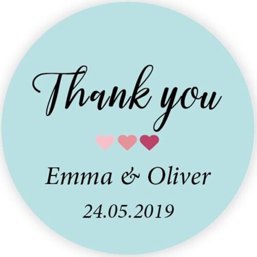 DouxArt 100pcs Thank you Personalized Stickers, 40mm Colorful Hearts Wedding Favors Baptism Communion Handmade Labels P002EN