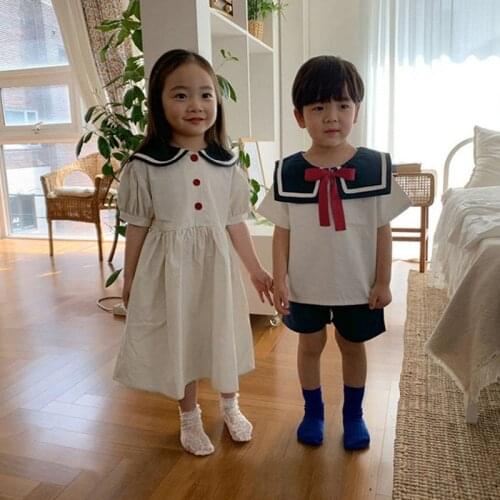 2021 Summer New Kids Suit Navy Collar Boys Set Puff Sleeve Girls Dress Solid Korean Children Clothing