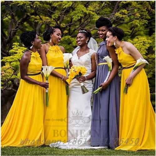 2021 A Line Bridesmaid Dresses Black Girls Yellow Halter Floor Length South African Bridesmaid Dress Party Dress