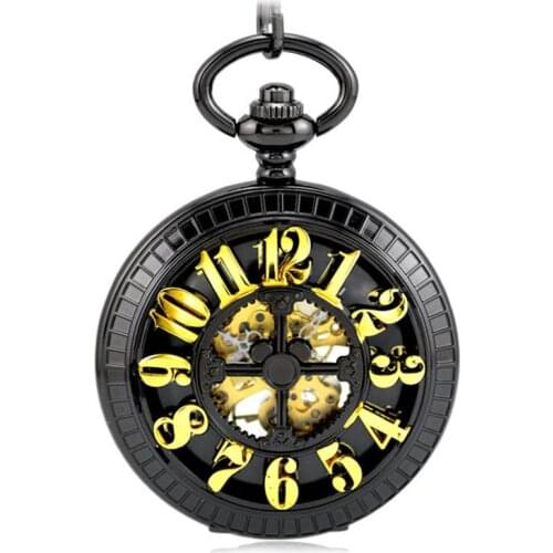 Antique Skeleton Mechanical Hand Wind Flip Double Display Pocket & Fob Watches Black Mens Watches Womens Watch Pendant Gift