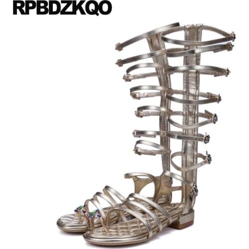 Boots block low heel embellished toe ring shoes knee high quality gold women sandals flat summer 2019 luxury booties gladiator