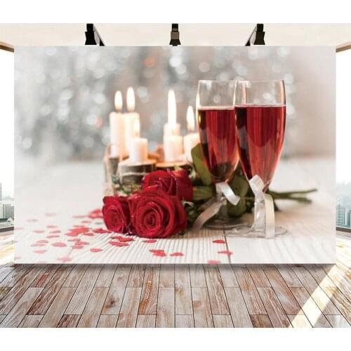Valentines Day Photo Backgrounds Red Wine Glass Rose Candles Bokeh Photography Backdrops For Cake Table Decor Photo Studio