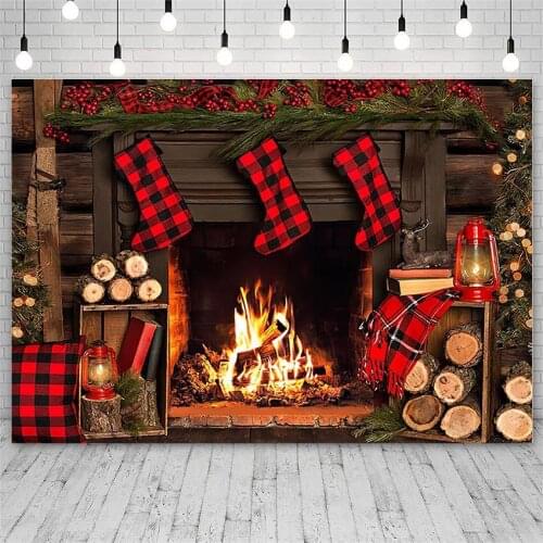 Avezano Backdrop Winter Merry Christmas Fireplace Red Plaid Socks Decor Kids Photography Backgrounds For Photo Studio Photophone