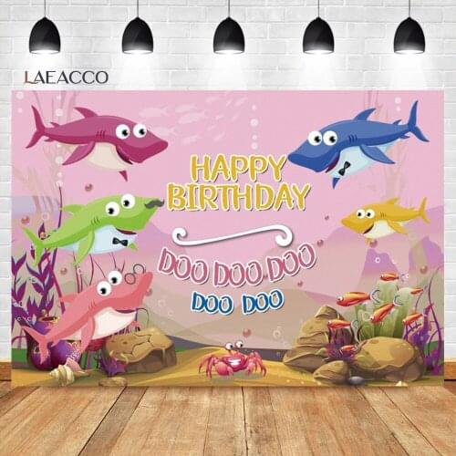 Laeacco Shark Backdrop for Kids Birthday Cartoon Pink Theme Party Baby Shower Photography Background For Photo Studio