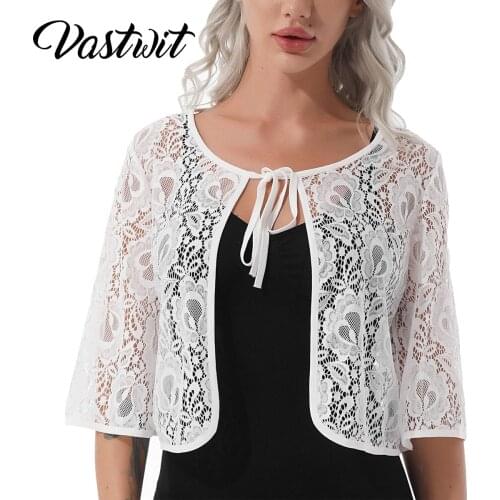 Women 3/4 Sleeve Lace Shrug Cardigan Top Elegant Bolero Outwear Fashion Wedding Party Dress Cover Up Shawl Coat