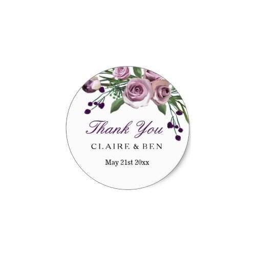 3.8cm Romantic Plum Purple Rose Floral Wedding Thank you Classic Round Sticker