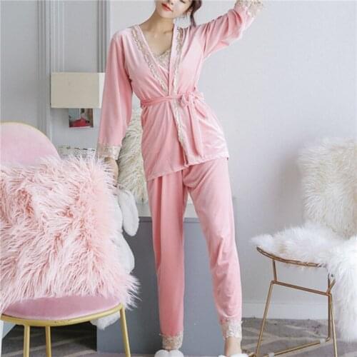 3 Pcs Winter Warm Women Pajamas Set Lace Patchwork Sashes Cardigans Sexy Bottoming Vest Casual Long Pants Homewear Pijama Sets