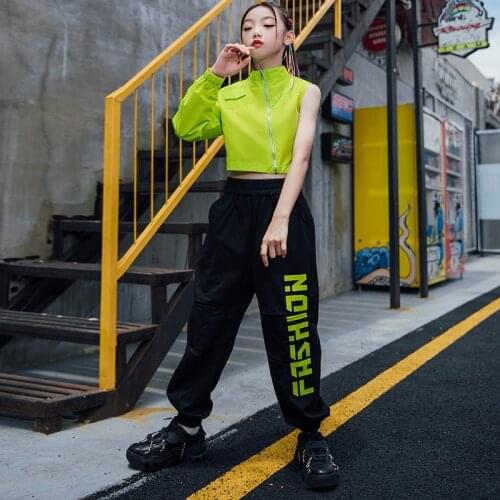 Hip Hop Dance Costumes Kids Green Single Sleeved Tops Black Jogger Pants Girls Hip Hop Costume Street Dance Catwalk Rave Clothes