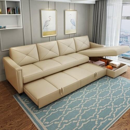 Leather chaise sofa bed small apartment living room corner multifunctional dual-use simple modern storage folding sofa bed