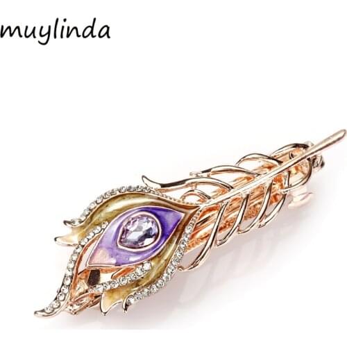 Muylinda Crystal Feather Metal Barrettes Rhinestone Leaves Barrettes Hair Clip Jewelry Women Hair Accessories