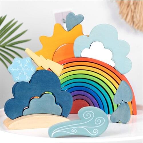 Weather Building Blocks Set Open Ended Play Creative Blue Cloud Rain Sun Wind Nordic Montessori Educational Wood Toys Basswood