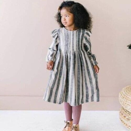 New Spring Girls Dress Europe and America Cotton Linen Stripe 2021 Baby Kids Clothes Children Ruched Cute Toddler Dress