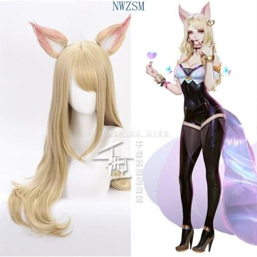 Game Character KDA K/DA Ahri Cosplay Wigs 70cm with ears KDA Heat Resistant Synthetic Hair Perucas Cosplay Fox Wig + Wig Cap