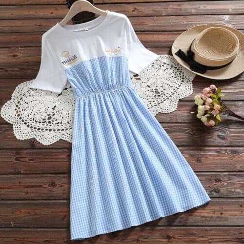 Summer women dress short-sleeve cotton embroidery plaid dress women casual student girl elastic waist T-shirt dress midi robe