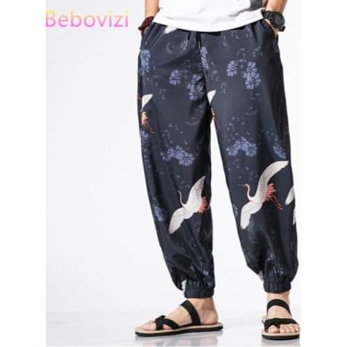 Plus Size M-5XL Japanese Kimono Traditional Crane Print Long Pants Haori Asian Costume Beach Casual Loose Japan Style Men Yukata