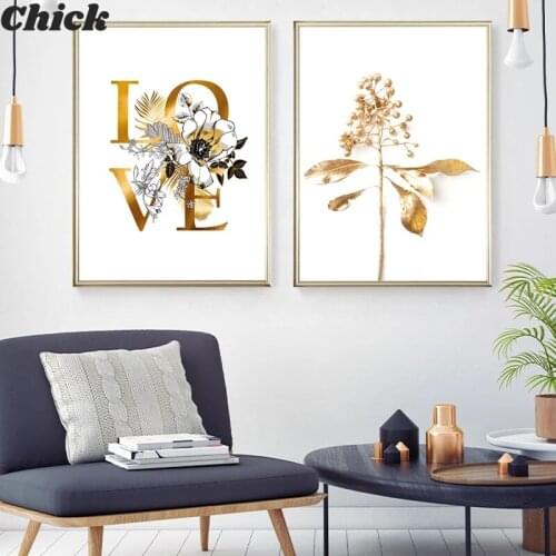 Luxury Golden Plant Leaves Canvas Painting Modern Style Minimalist Wall Art Aisle Living Room Pictures Unique Home Decoration