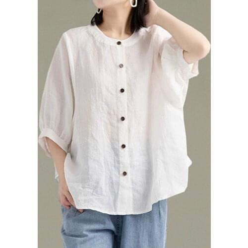 2021 Puff Sleeve Summer Linen Shirts Women Plus Size Clothing Ladies Loose Vintage Tops Short Sleeve Female Shirt Blouse Casual
