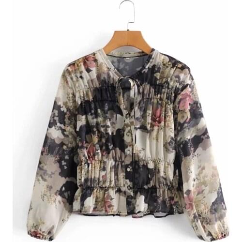 Spring Women Digital Printing O Neck Lace Up Chiffon Shirt Female Lantern Sleeve Blouse Vintage Lady Loose Tops Blusas S8650