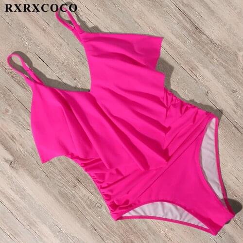 RXRXCOCO Solid Black Ruffled One Piece Swimsuit Women Bodysuit Sexy Lace Up Monokini Swimwear 2021 New Girl Beach Bathing Suits