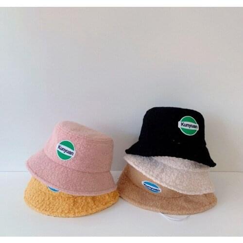 2021 Korean children lamb hair basin hat autumn and winter embroidery round standard warm fisherman hat boys girl 2-6years