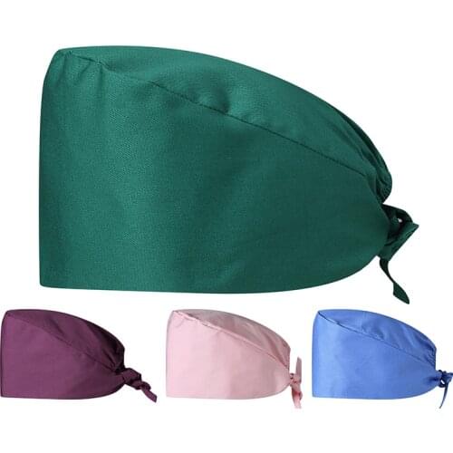 Solid Color Scrub Cap Nurse Working Hat Polyester Cotton Surgery Ground Skull Caps Tieback with Forehead Sweatband Women Men