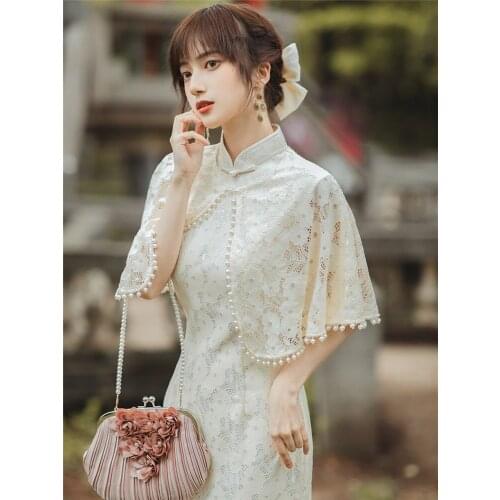 Oriental Dress Apricot Lace Cheongsams Shawl Two Piece Set Qipao Dresses Sleeveless Modern Wind Cheongsam Dress Woman Costume