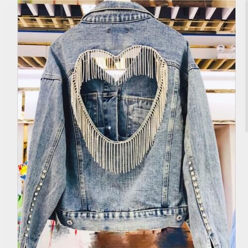2021 Spring Autumn Woman Fashion New Denim Jacket Light Blue Diamond Love Hollow Tassel Coat Open Back Women Denim Jacket