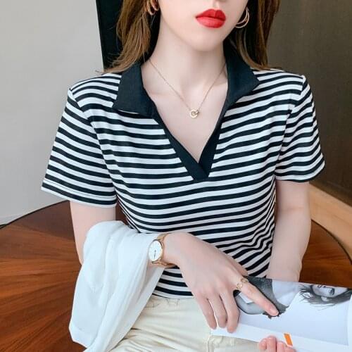 2021Fashion New stripe Stand collar Tops Women Casual stripe Short Sleeve Tees Summer V-neck Woman T-shirt summer plus size