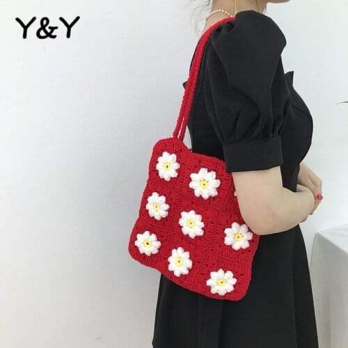 Y&Y Homemade Diy Material Bag Hand-woven Bag Small Daisy Oblique Crochet Women Shoulder Bag Girls Knitted Wool Cute Bag