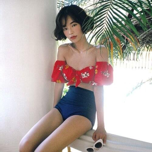 2019 Summer Women Bikini Set Cute Floral Print High Waist Off Shoulder Swimsuit Sexy Gathered Shorts Split Beach Swimmingwear