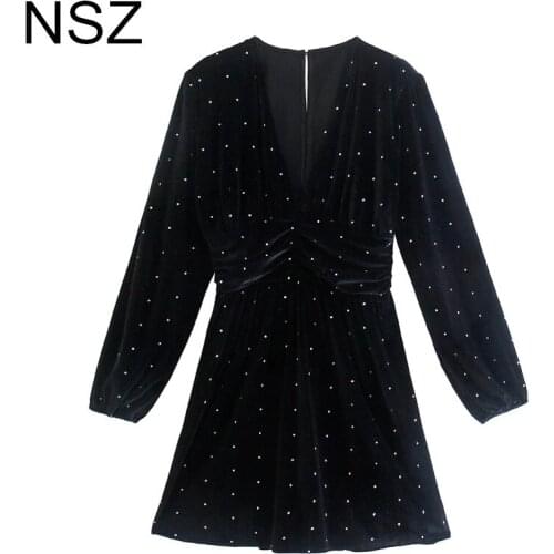 NSZ Women Bronzing Black Velvet Dress Autumn Long Sleeve Deep V Neck Slim Sexy Outfit Party Night Club Mini Dress 2021