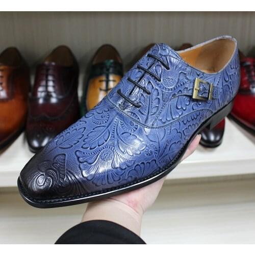 2021 Classic Men Oxford Dress Shoes Real Leather Flower Print Cap Toe Lace Up Buckle Blue Wedding Party Formal Footwear for Men