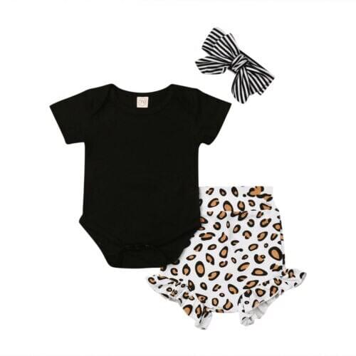Newborn Baby Girl Leopard Print Sunsuit Clothes Set Toddler Kids Cotton Bodysuit Tops Romper Shorts Pants Headband 3Pcs Outfits