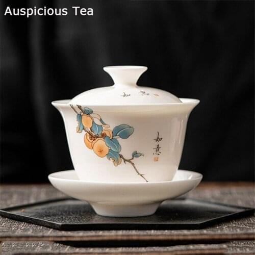 180ML Dehua White China Gaiwan Persimmon Porcelain Tureen With Cup Saucer Coaster Covered Bowl With Lid Handpainted Cup Bowls