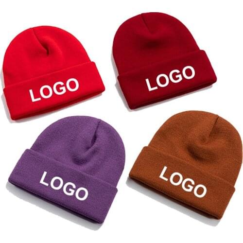 Free Shipping DIY Winter Hats Embroidery Printing Beanie Custom Logo Cap Streetwear Bonnets Solid Cap Beanie Team Knitted Hat