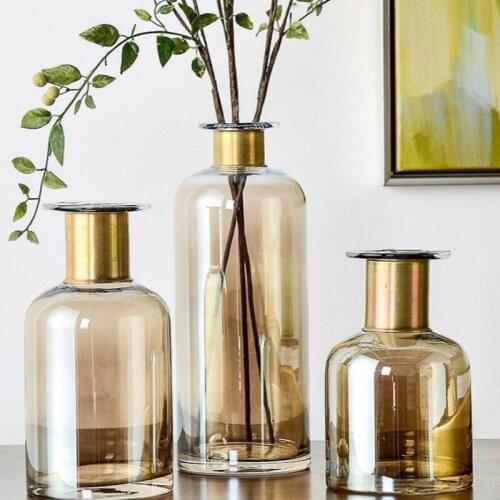 Colored Glass Vase Metal Ring Gold Coffee Gradient Color Vase Decoration Home Club Hotel Restaurant Bar Soft Decoration