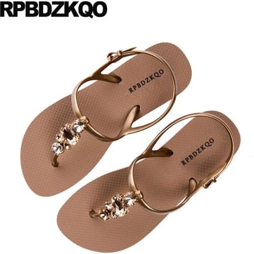 Jewel T Strap Beach Diamond Holiday 2018 Thong Women Shoes Sandals Leisure Fashion Bohemia Style Rhinestone Gold Slingback Flat