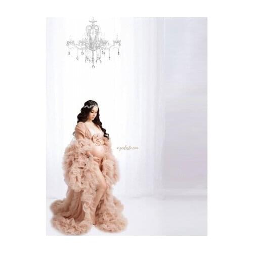 Elegant Champagne Tulle Maternity Robes Long Sleeves Floor Length Extra Puffy Plus Size Pregnancy Photography Dressing Gown
