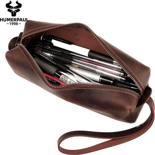 Leather Pencil Case Retro High Capacity Business Pencil Case For Kids School Office Pen Bag Pouch For Stationery Supplies Zipper