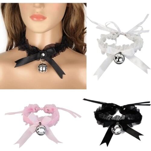 Lace Choker with Bell Kitten Sweet Cute Gothic Choker Detachable Cosplay Party Adjustable Jewelry Black Pink White