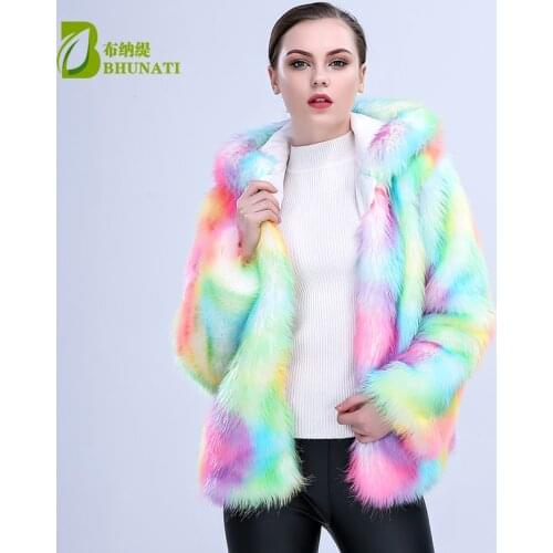 New arrival Women Colorful Faux Fox Fur Coat with Hooded Multicolor Long sleeve Artificial Fur Coats Jacket