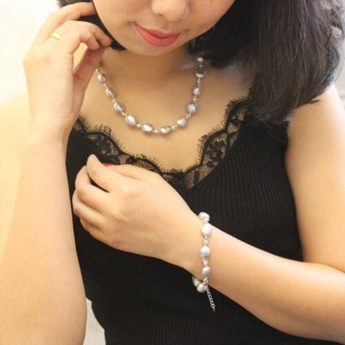 Unique Pearls jewellery Store 10-12mm Gray Color Baroque Genuine Freshwater Pearl Necklace Bracelet Jewelry Set Fine Jewelry