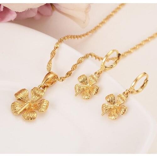 Real Solid 14 k Yellow Gold GF New Brides big Flower Pendant earrings Statement Necklace Jewelry Sets party Romantic fine gifts