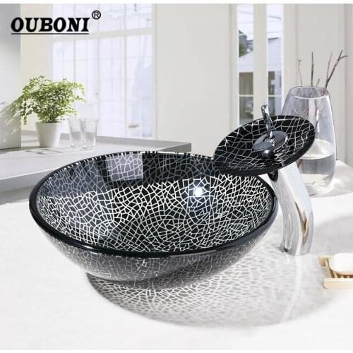 OUBONI Black Cracked Round Bathroom Handmade Article Washbasin Tempered Glass Vessel Sink With Waterfall Chrome Brass Faucet Set