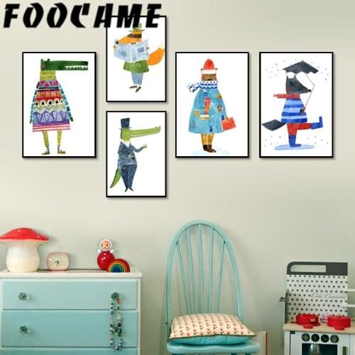 Nordic Watercolor Cartoon Crocodile Fox Wolf Fun Baby Room Wall Art Canvas Painting Print Picture Poster Kids Nursery Decoration