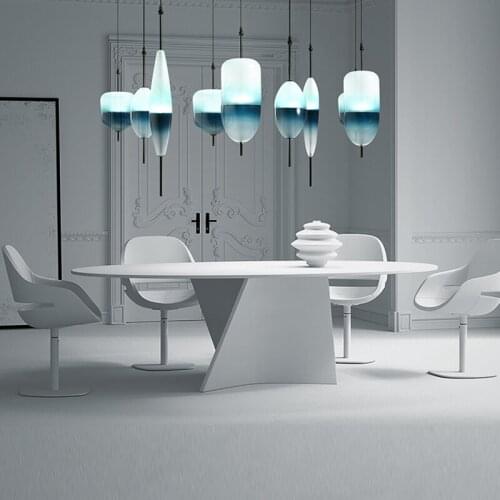 Nordic Modern Teardrop Shaped Blue Glass Pendant Light LED Art Deco Simple White Hanging Lamp for Living Room Restaurant Kitchen