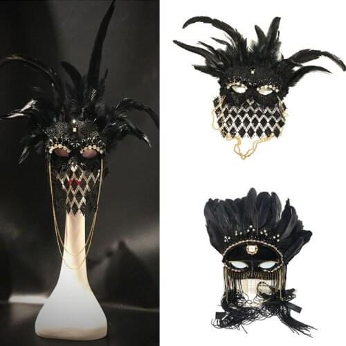Halloween Party Prom Cosplay Rhinestones Black Feather Tassel Mask Bar Club Singer Dancer Performance Stag Props Accessories