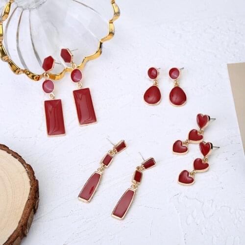 Wine Red Personality Drop Earrings Retro Geometric Heart Water drop Earrings Long Simple Temperament Enamel Earring