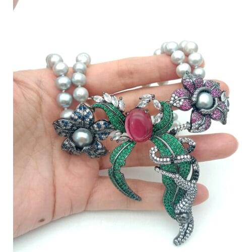 YYGEM 21"-22"2 Strands Gray Round freshwater Pearl Necklace cubic zirconia micro pave flower monkey pendant for women