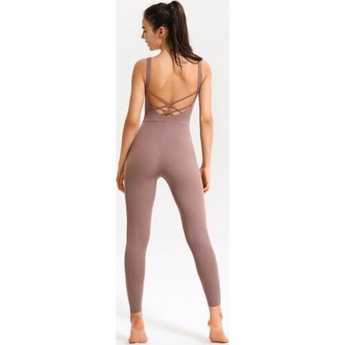 S-XL Women One Piece Gym Jumpsuit Padded Short Sleeveless Bandage Yoga Set Back Cross Sports Suit Fitness Bodysuit Dance Rompe